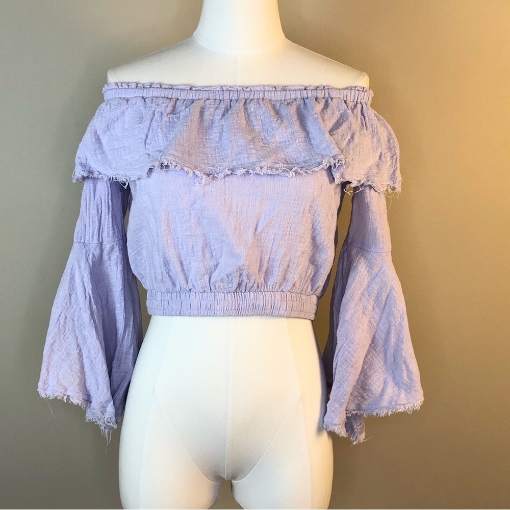 FAVLUX pastel lavender gauzy cotton off shoulder flare sleeves cropped sexy top - Picture 3 of 9